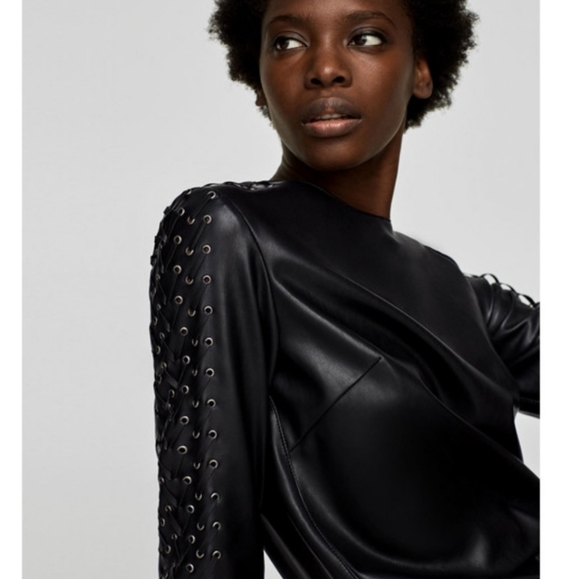Zara Basic Collection Vegan Faux Leather Mini Dress Lace Up Sleeve Blogger Fav - Picture 2 of 9